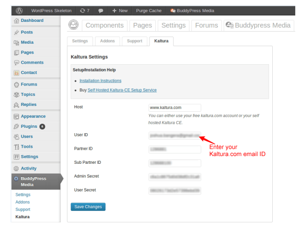 BuddyPress Media Kaltura Addon Settings