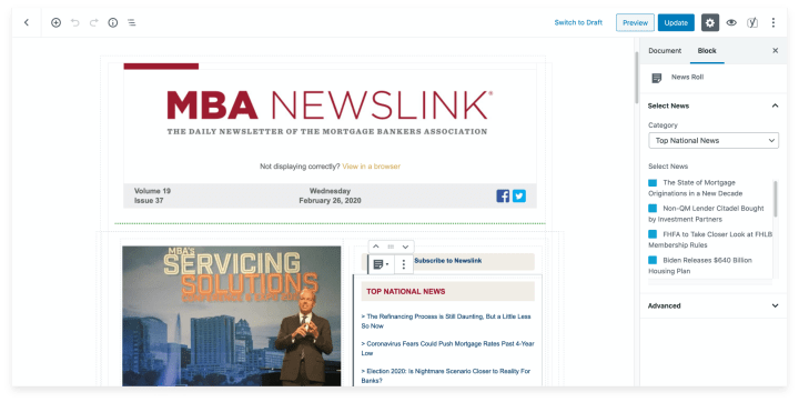 MBA Newslink website's integrated WYSIWYG workflow, built with WordPress & Gutenberg by rtCamp