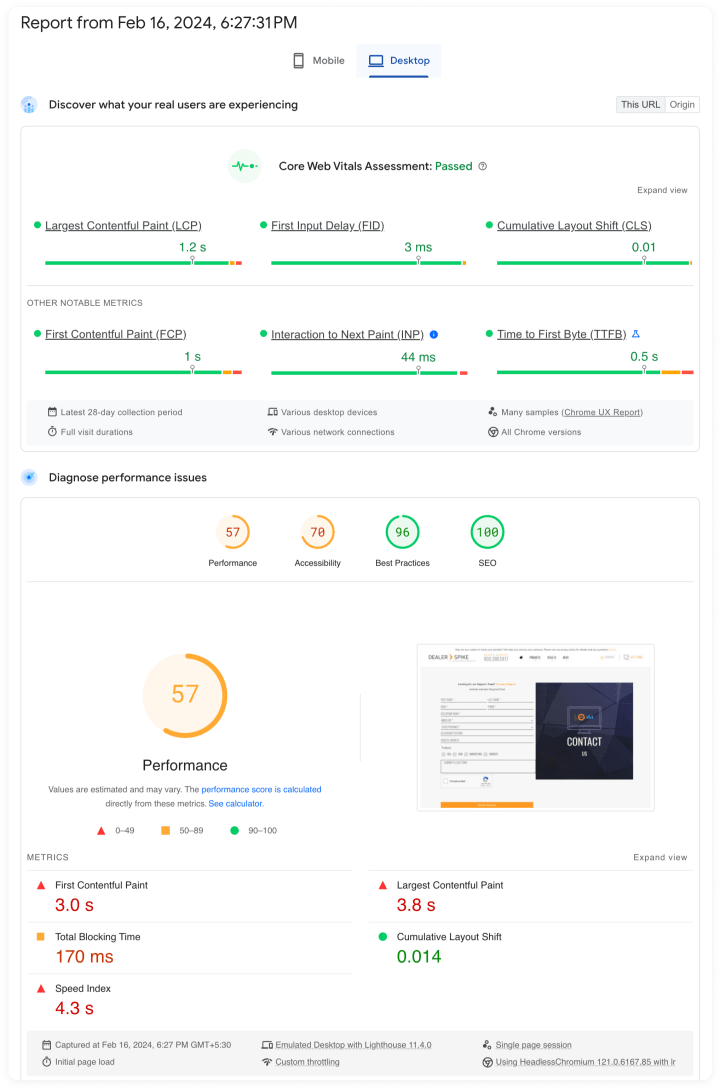 Dealer spike - Core Web Vitals result - before the migration 