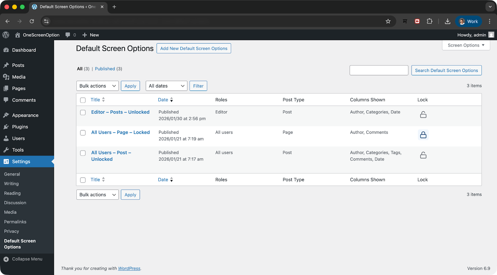 default screen options in WordPress admin panel