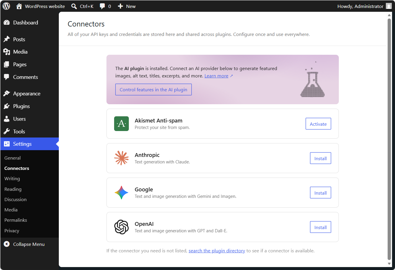 The AI Connectors screen at Settings > Connectors that lets plugins and themes connect to AI services.