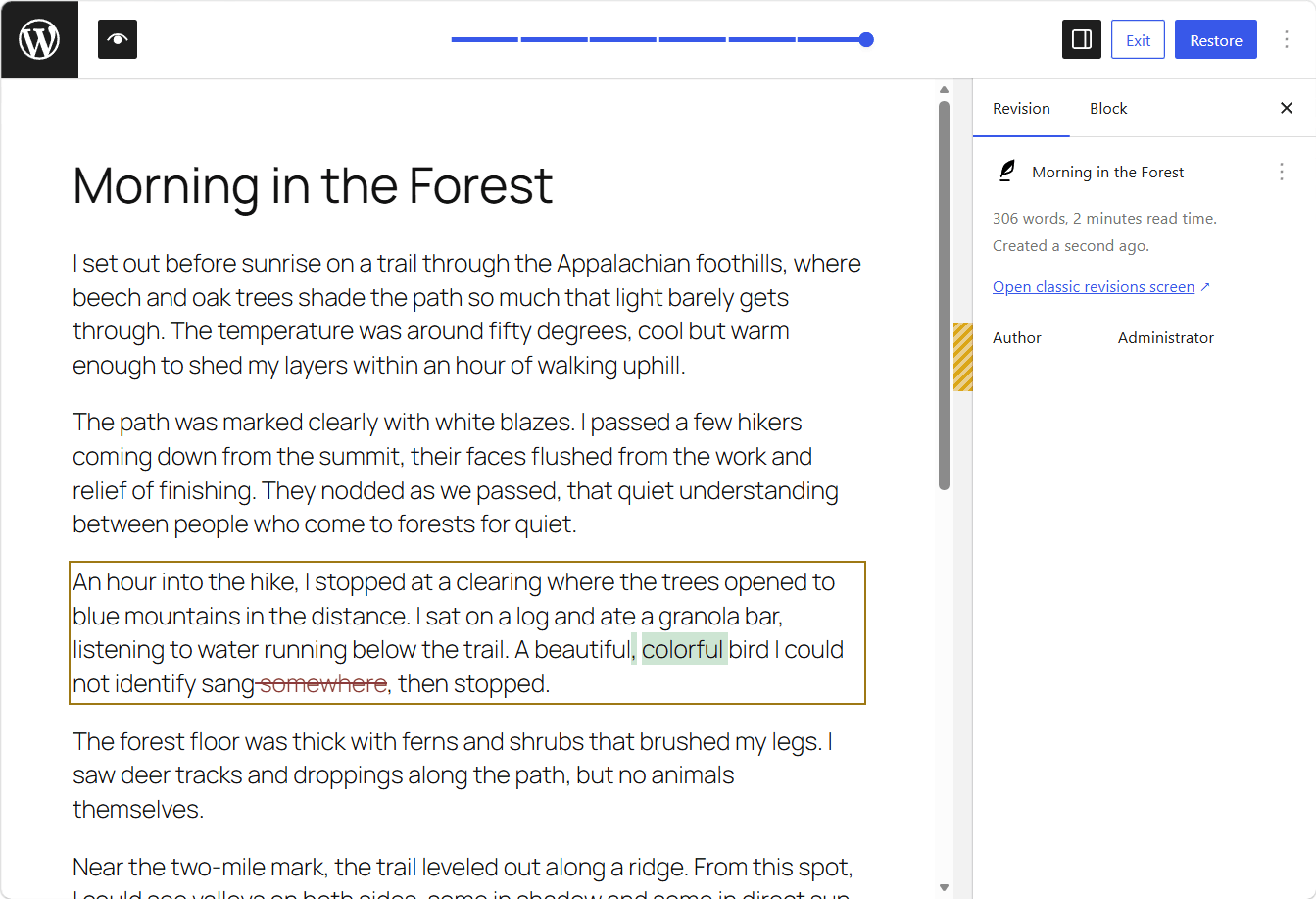 Color-coded revisions: green for additions, red for deletions, and yellow to highlight modified blocks.