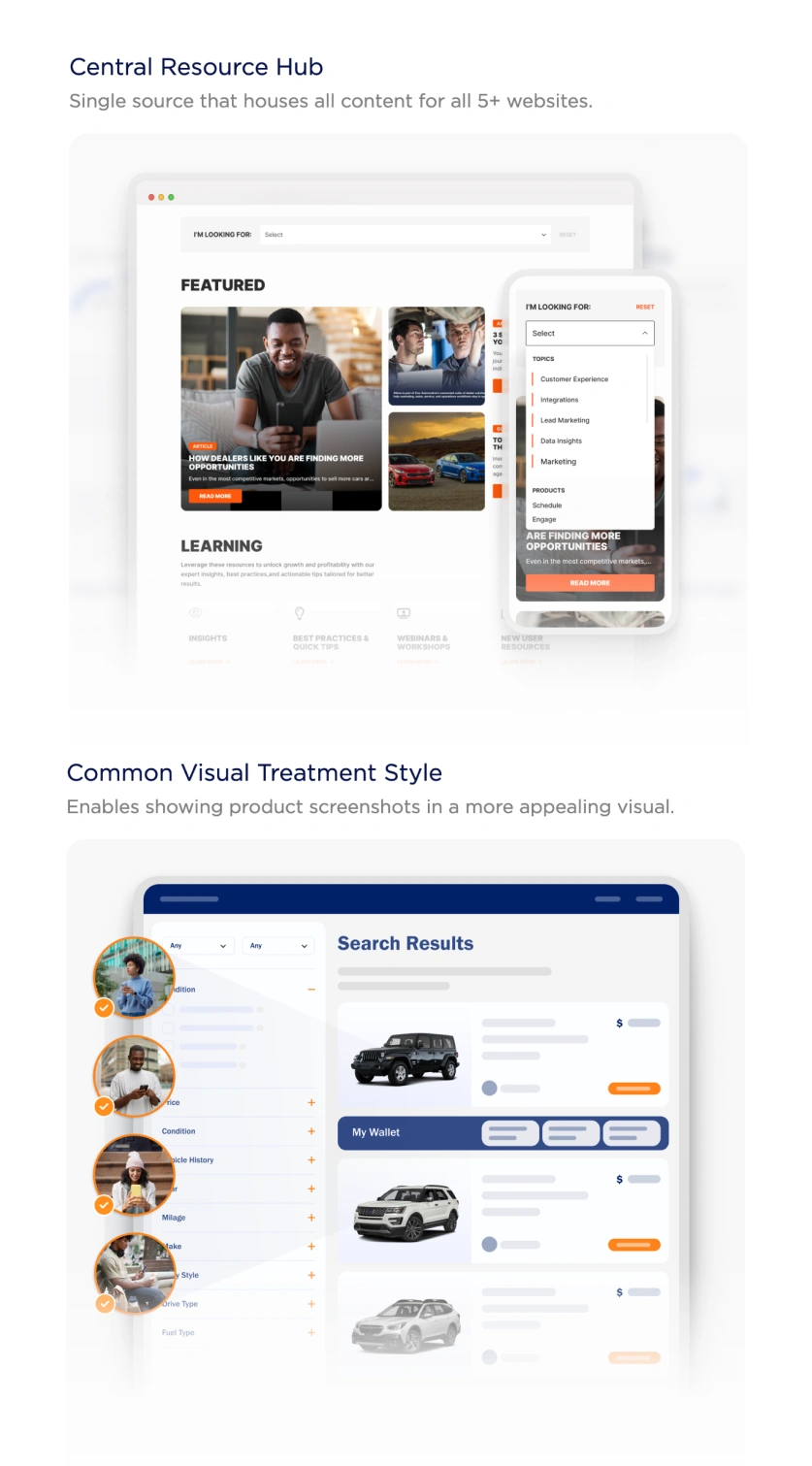 Central resource hub and common visual treatment style on Cox Automotive website