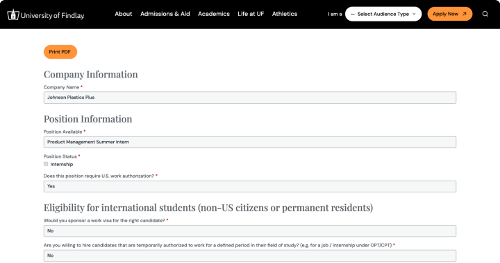 University of Findlay Gravity Forms entry being filled