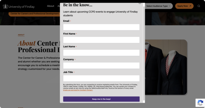 University of Findlay Gravity Forms entry popup